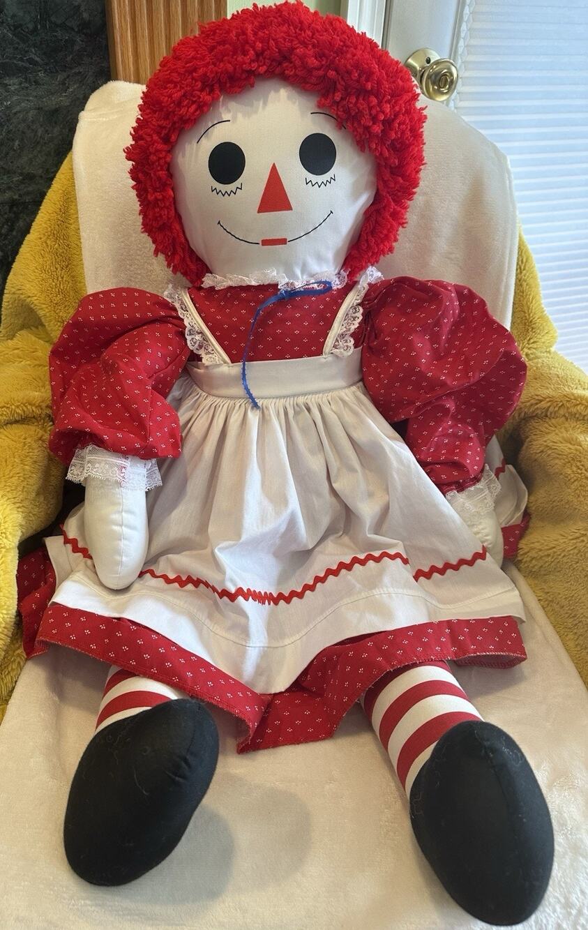 Raggedy Ann Doll Vintage Large 36” Tall Handmade Red Dress White Apron Classic